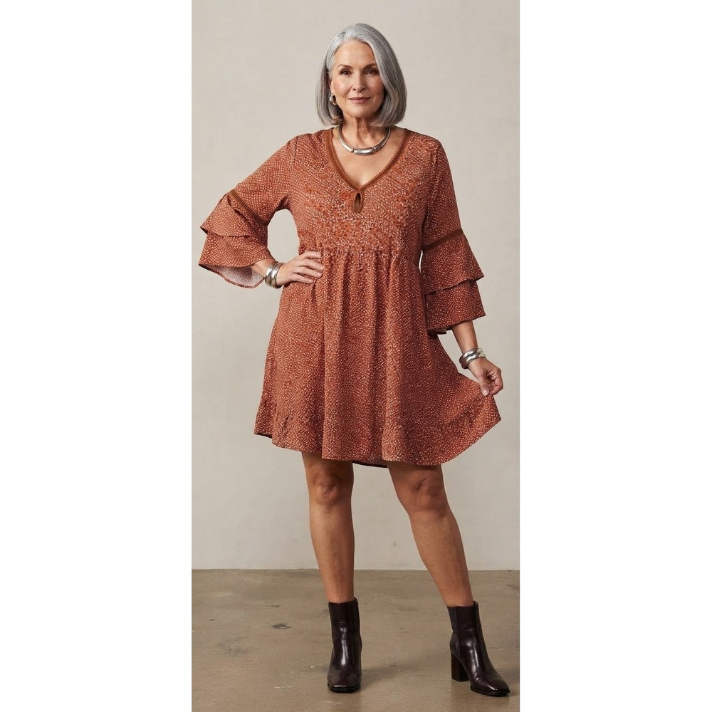 Jodifl Womens Tiered Bell Sleeve Babydoll Dress Rust Orange Dot Print 1X NEW